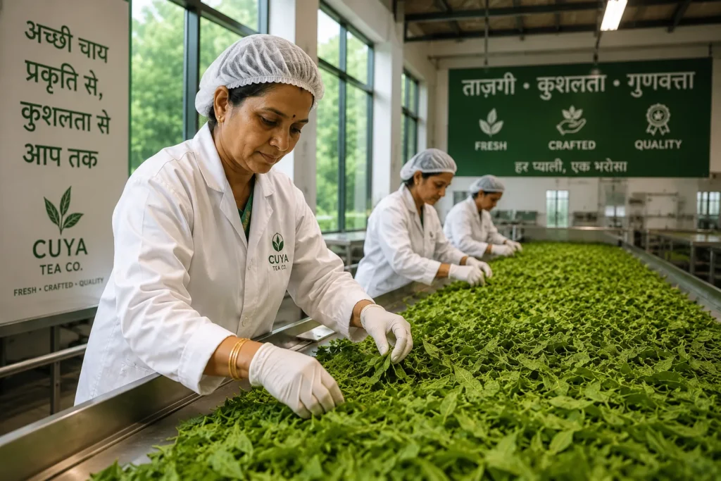 engaging image of fresh, artisanal green tea leaves being sorted in a modern, well-lit facility